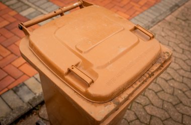 Auf dem Foto ist eine brauen Biomülltonne zu sehen.